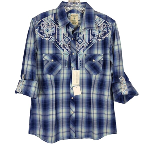 Panhandle Rough Stock blue white Women's Embroidered tab‎ sleeves Blouse sz M - Picture 1 of 14